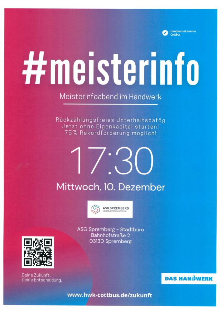 Zum Meisterinfoabend wird am 10. Dezember 2025 in Spremberg eingeladen.