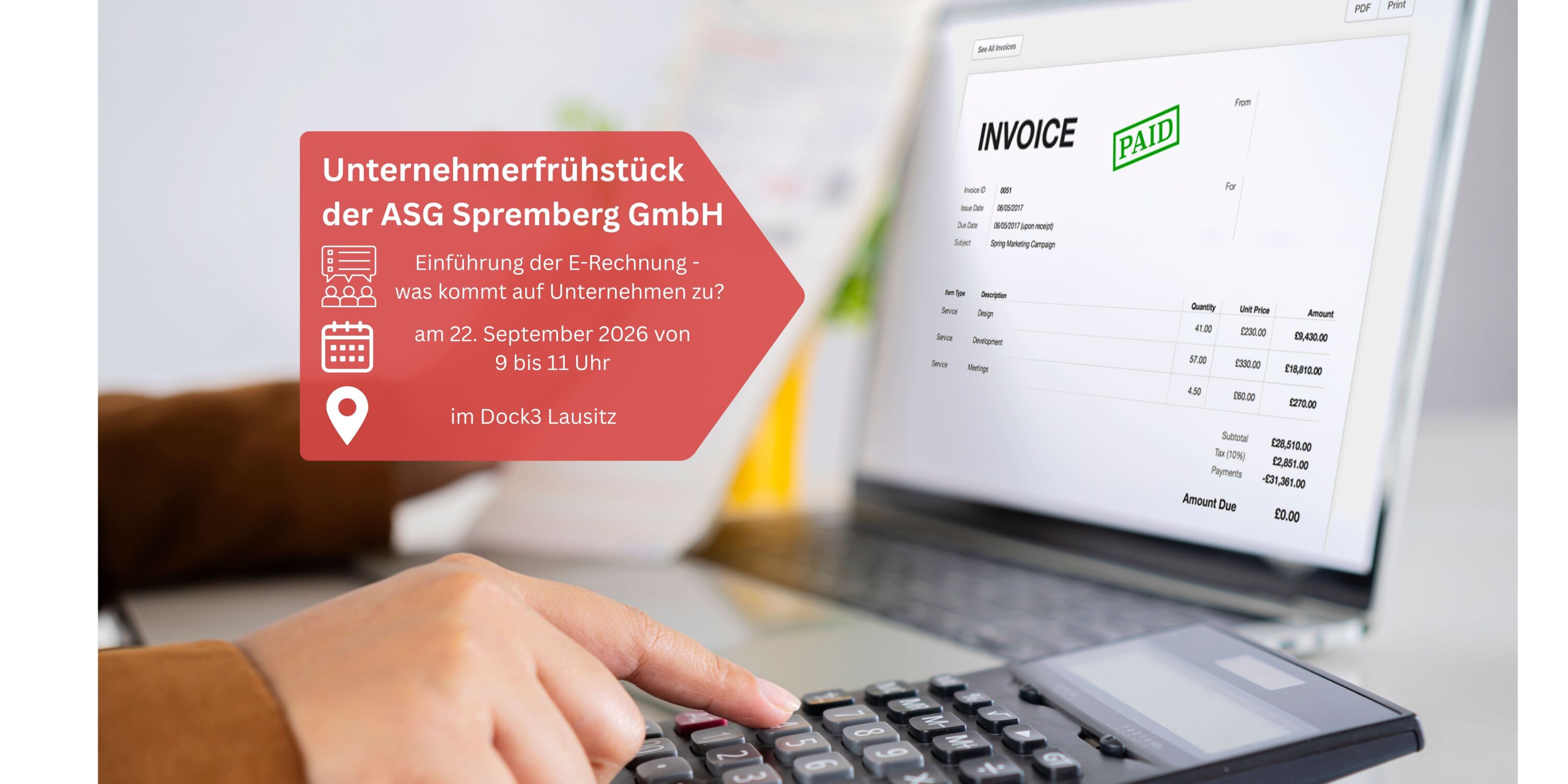 Banner Einladung Unternehmerfrühstück zum Thema E-Rechnung.